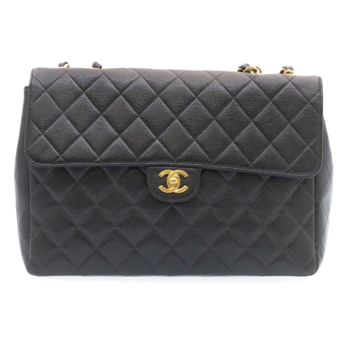 CHANEL Big Matelasse Flap Chain Shoulder Bag Caviar Skin Black Gold  25984A