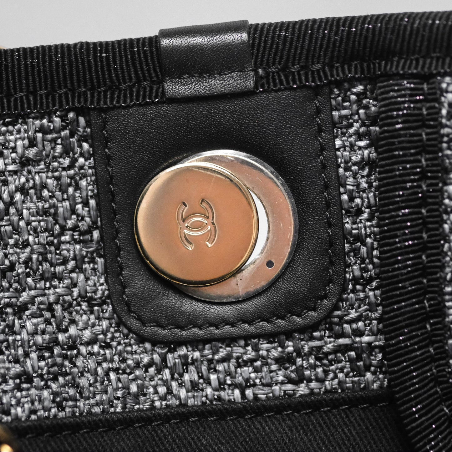 Chanel Large Deauville Glitter Black Grey Raffia Gold Hardware