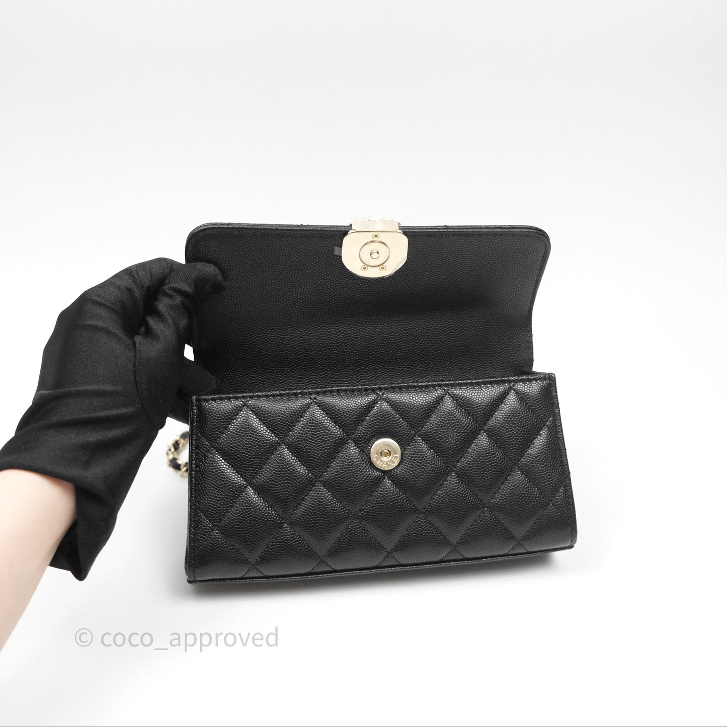Chanel Top Handle Clutch with Chain Black Caviar Light Gold Hardware