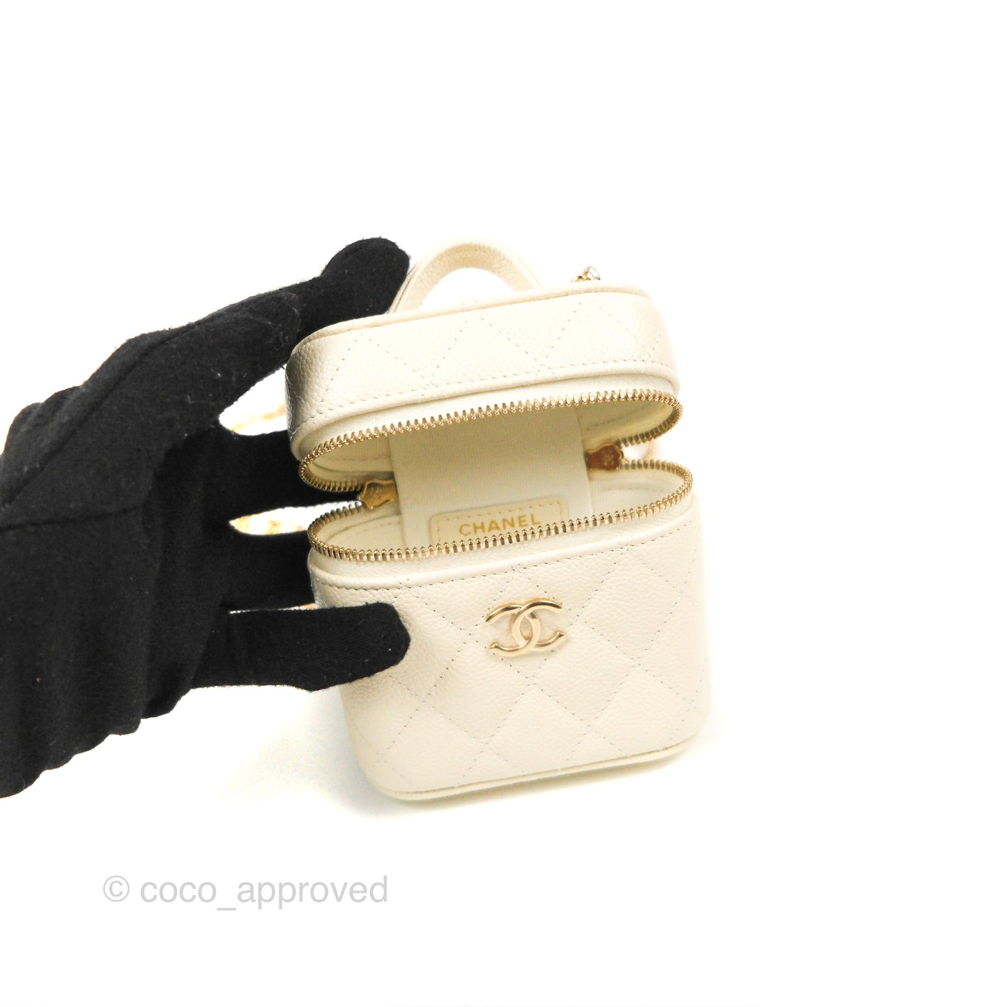 Chanel Quilted Small Handle With Care Vanity Case With Chain White Caviar Gold Hardware