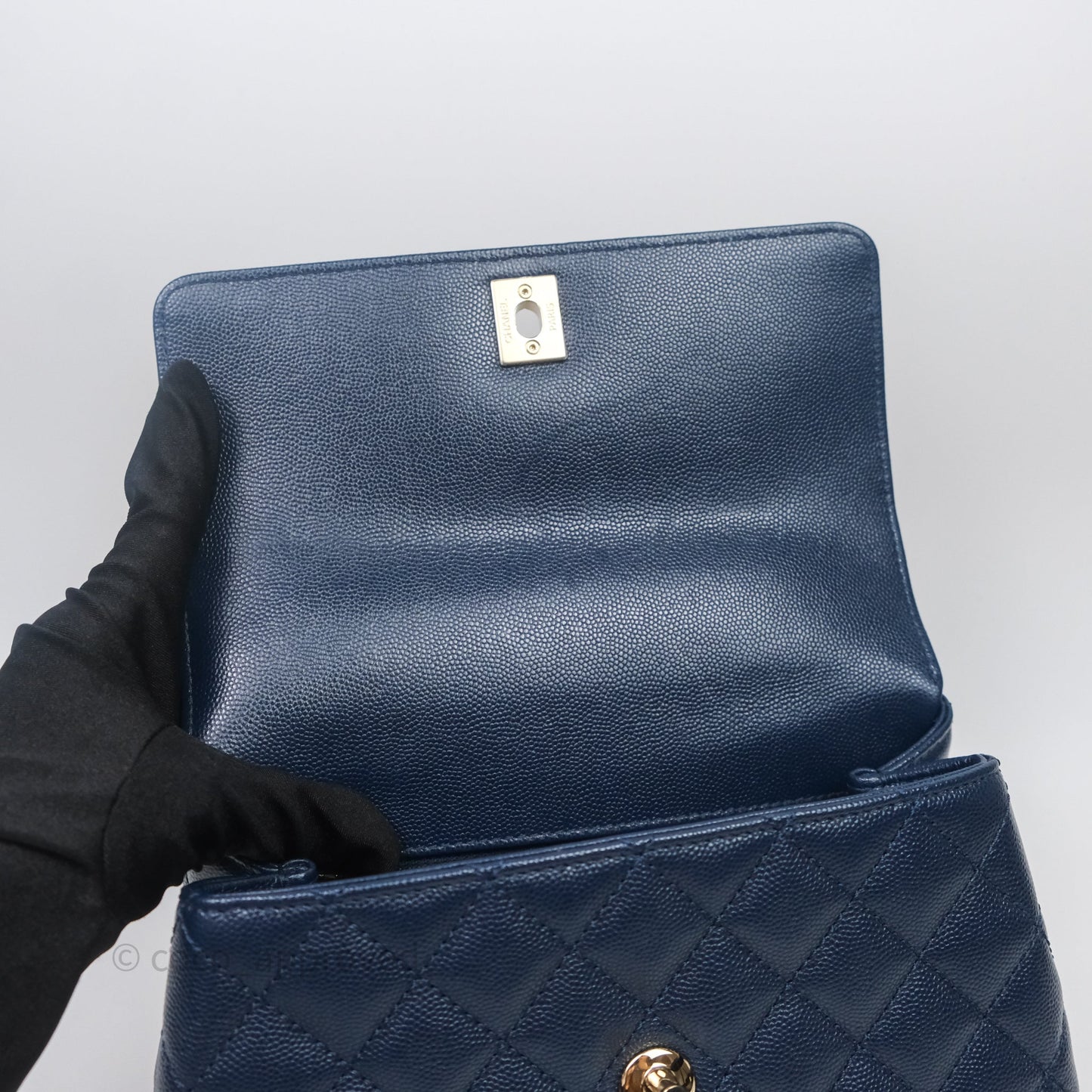 Chanel Small Coco Handle Navy Caviar Gold Hardware Lizard Handle