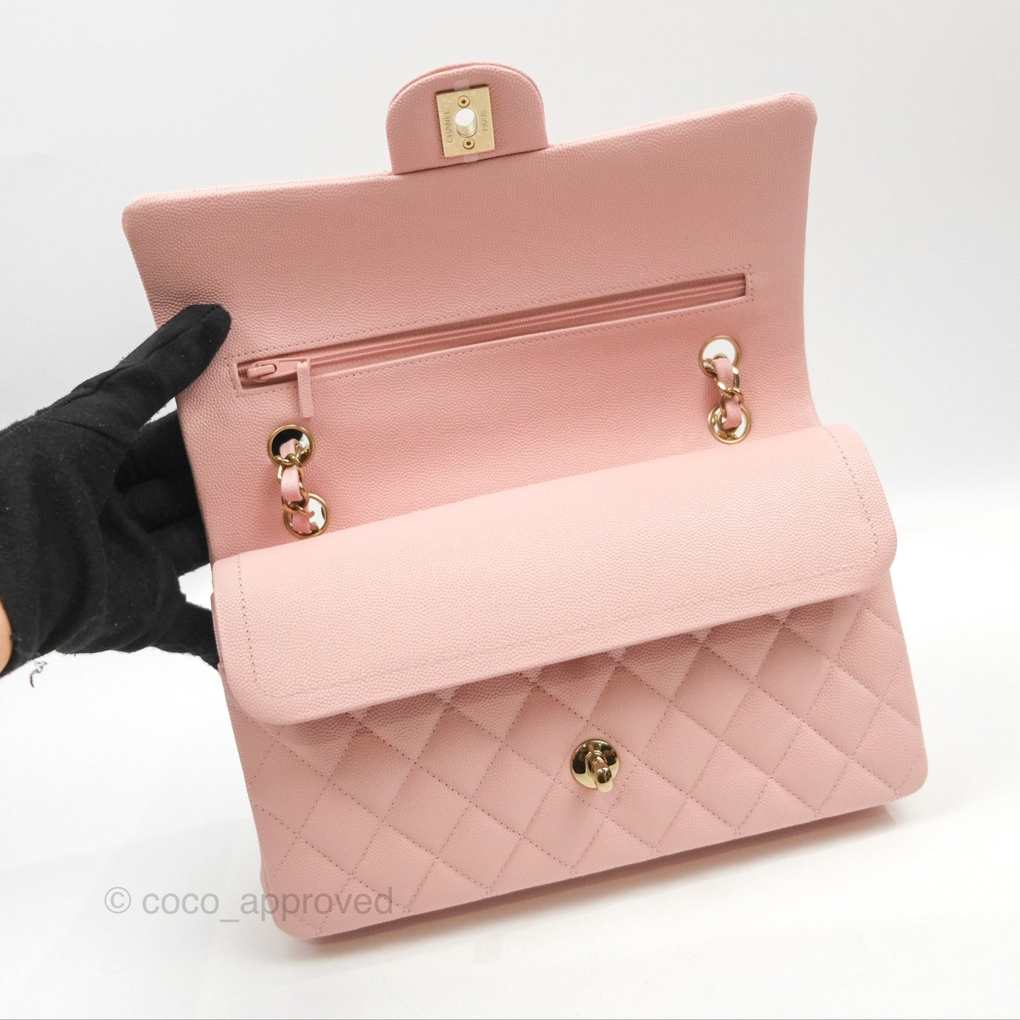 Chanel Medium Classic Flap Quilted Pink Caviar Gold Hardware