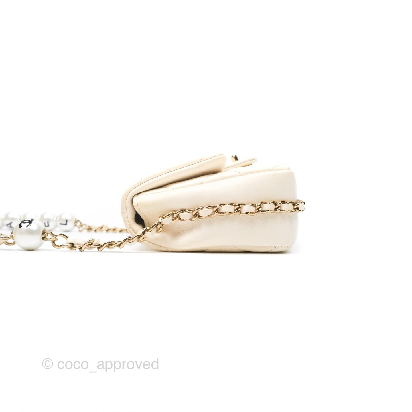 Chanel Small Logo Pearl Chain Flap Bag White Lambskin Gold Hardware
