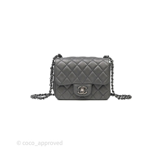 Chanel Mini Square Iridescent Grey Suede Gun Metal Hardware