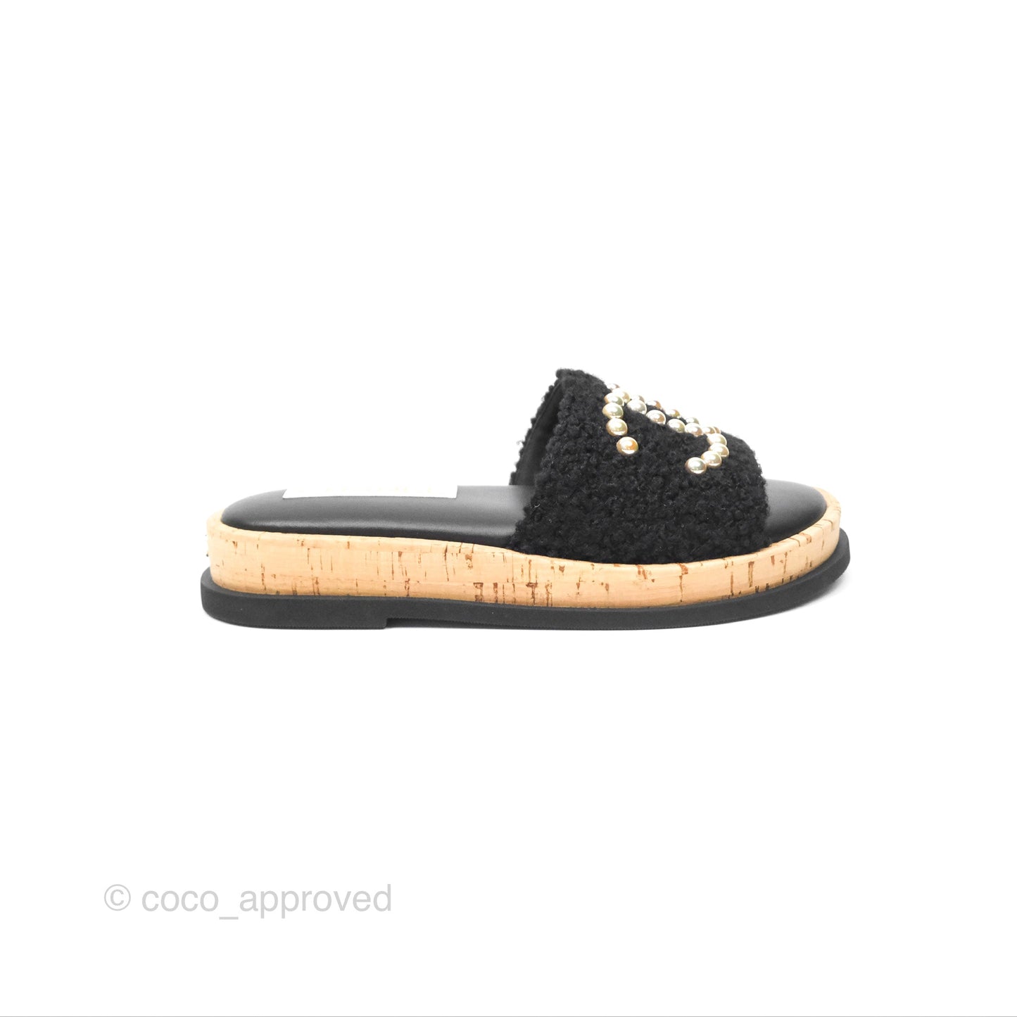 Chanel CC Mule Sandals Black Tweed Cork Size 36