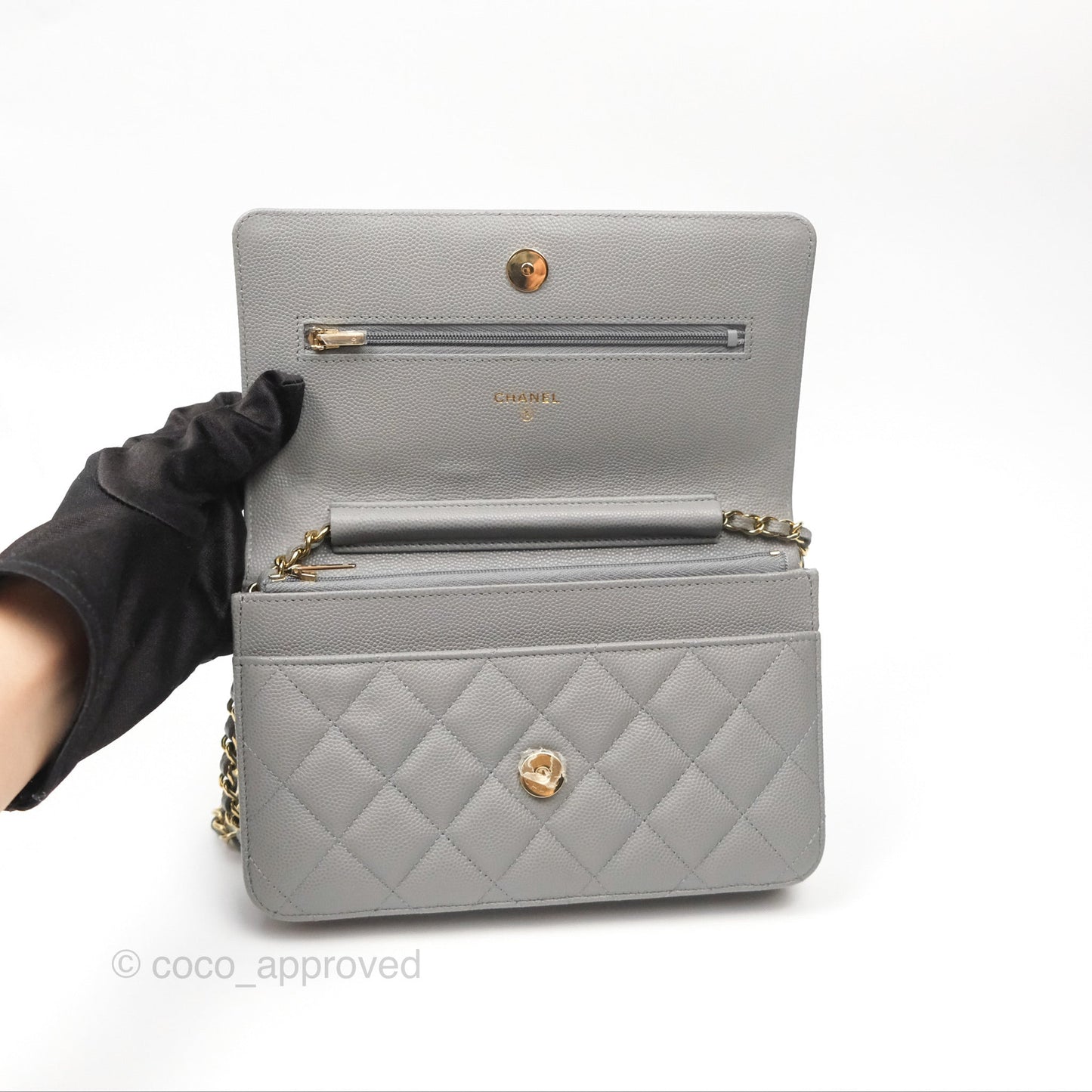 Chanel Classic Quilted Wallet On Chain WOC Grey Caviar Gold Hardware