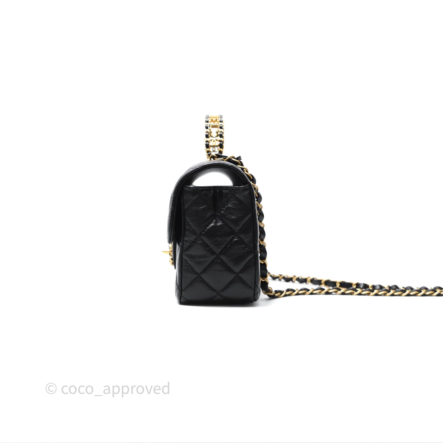 Chanel Flap Bag with Crystal Logo Top Handle Black Lambskin Aged Gold Hardware