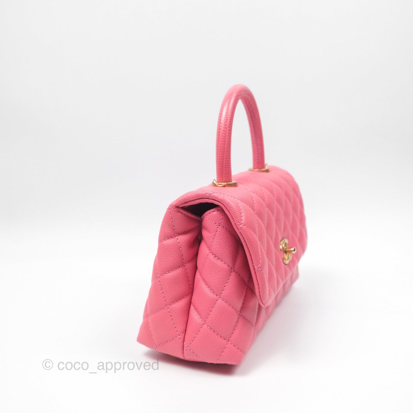 Chanel Small Coco Handle Quilted Pink Caviar Aged Gold Hardware Lizard Handle