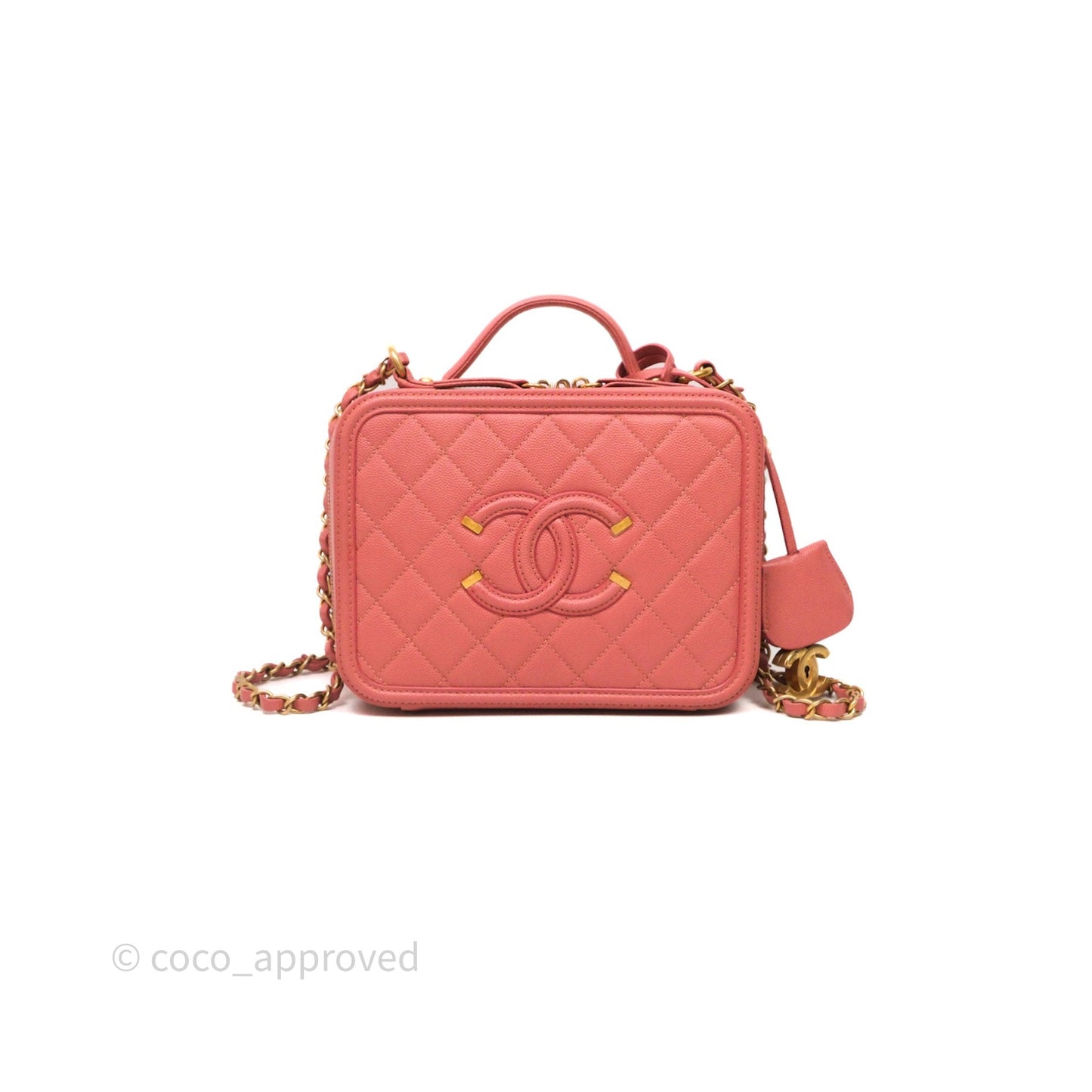 Chanel Medium CC Filigree Vanity Case Quilted Pink Caviar Aged Gold Hardware