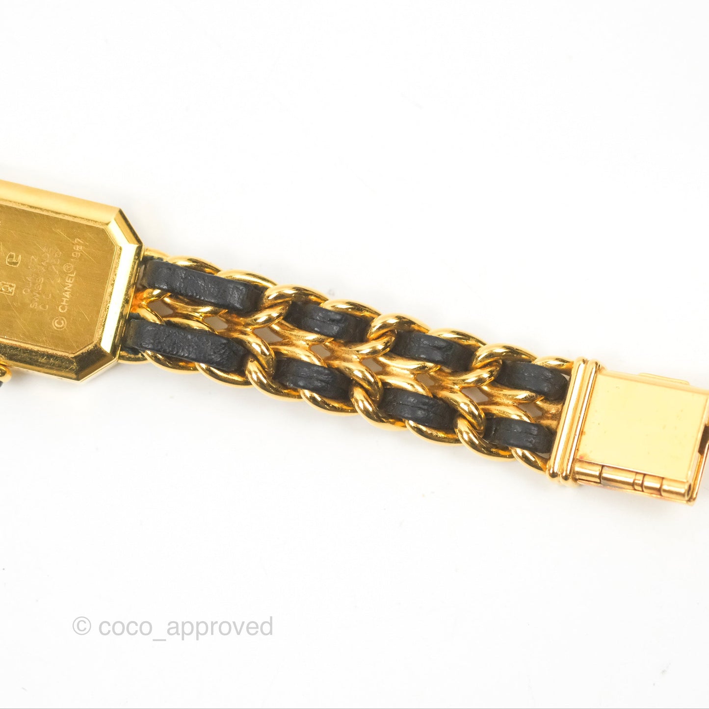 Chanel Vintage Première Watch Black Leather Gold Plated Size S