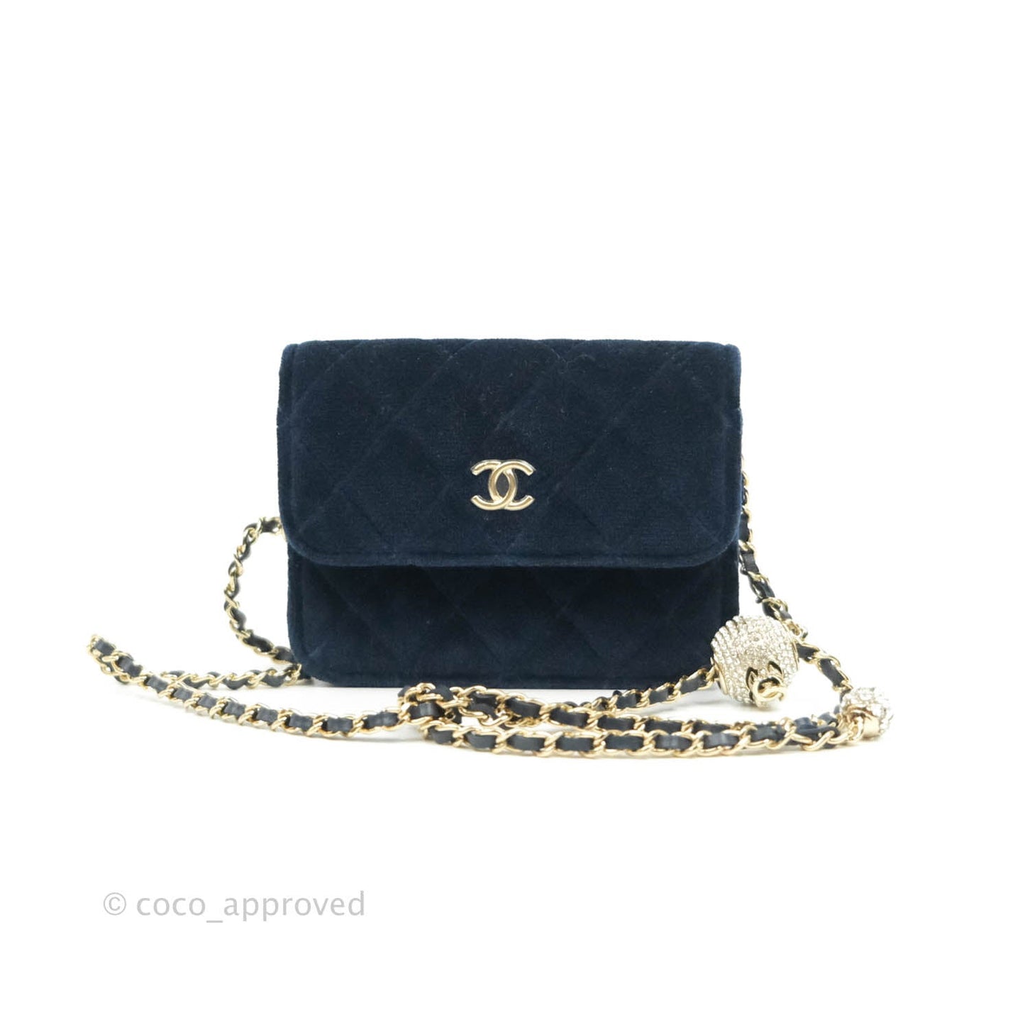 Chanel Crystal Pearl Crush Card Holder Navy Velvet Aged Gold Hardware