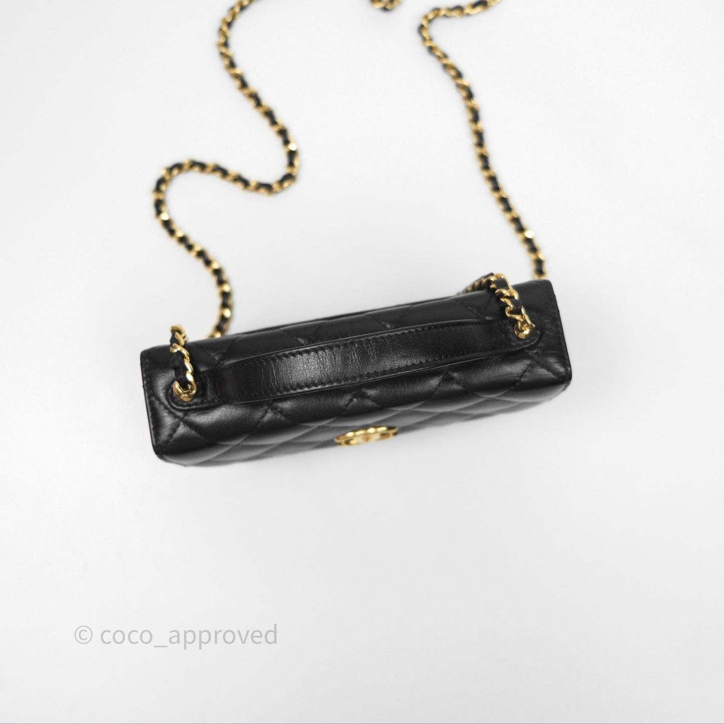 Chanel Quilted Phone Holder with Chain Black Shiny Calfskin Gold Hardware 23A