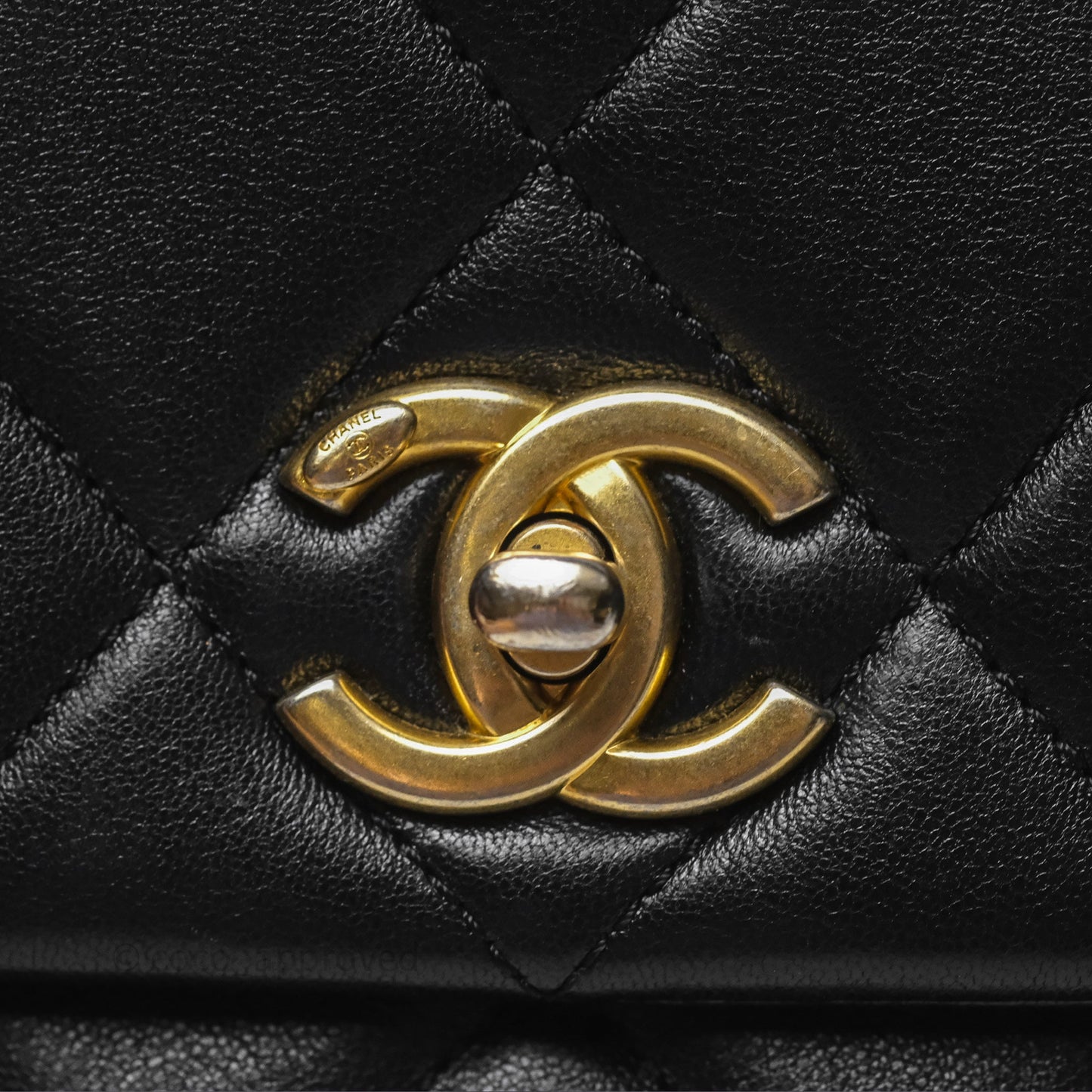 Chanel Logo Mini Square Flap Bag Black Lambskin Aged Gold Hardware 21B