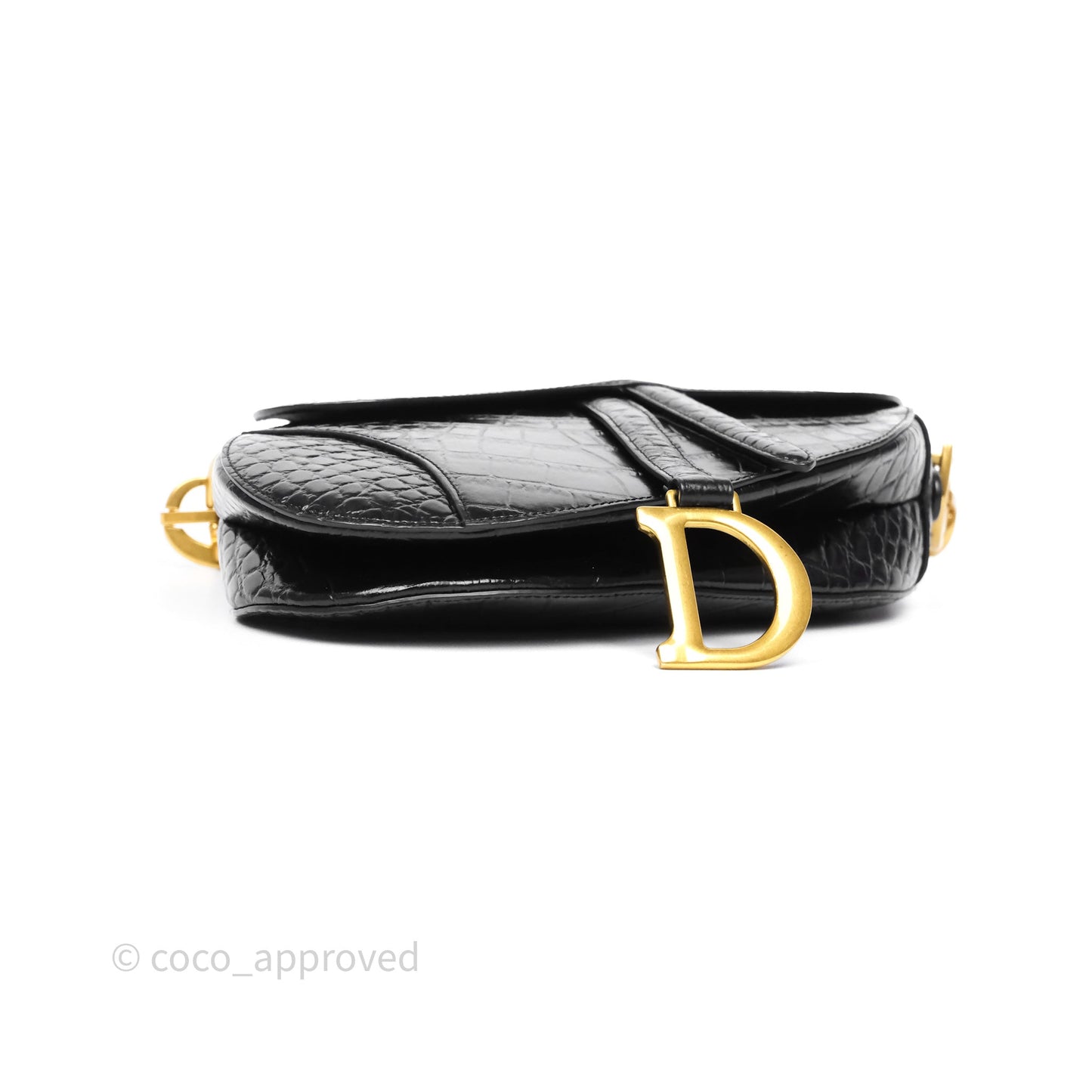 Christian Dior Saddle Bag Black Shiny Crocodile Gold Hardware