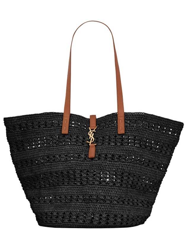 Luxury Saint Laurent Top Handle Raffia Tote Bag Black