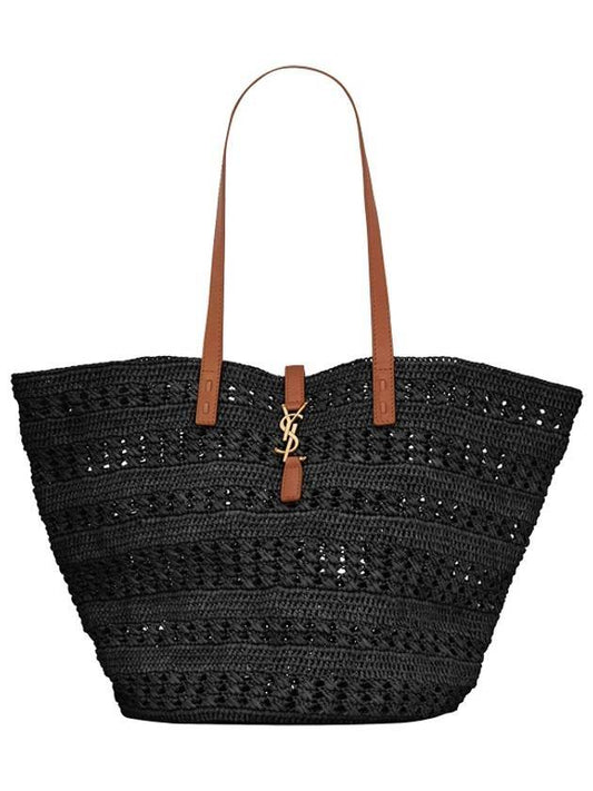 Luxury Saint Laurent Top Handle Raffia Tote Bag Black