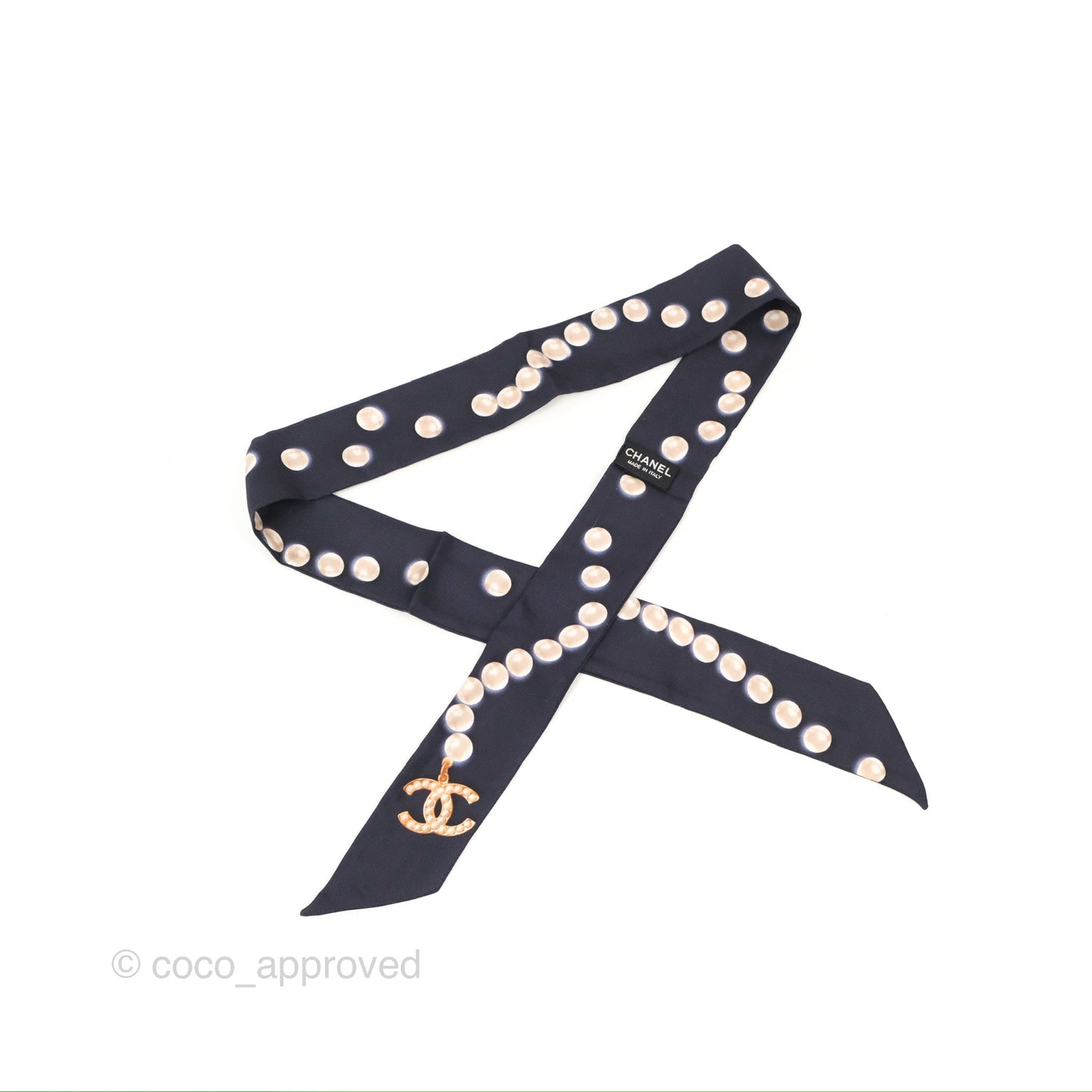 Chanel CC Pearl Print Silk Twilly Black