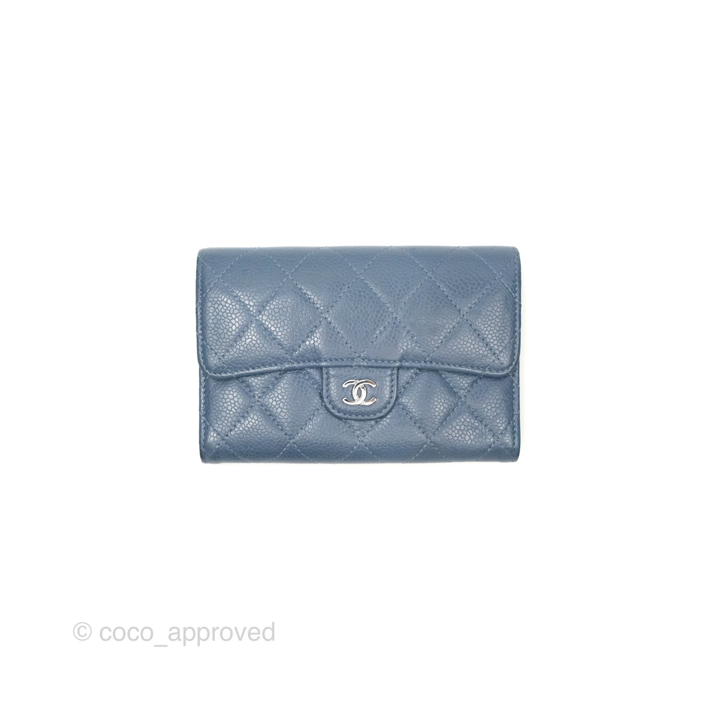 Chanel Quilted Small Flap Wallet Grey Blue Caviar Silver Hardware