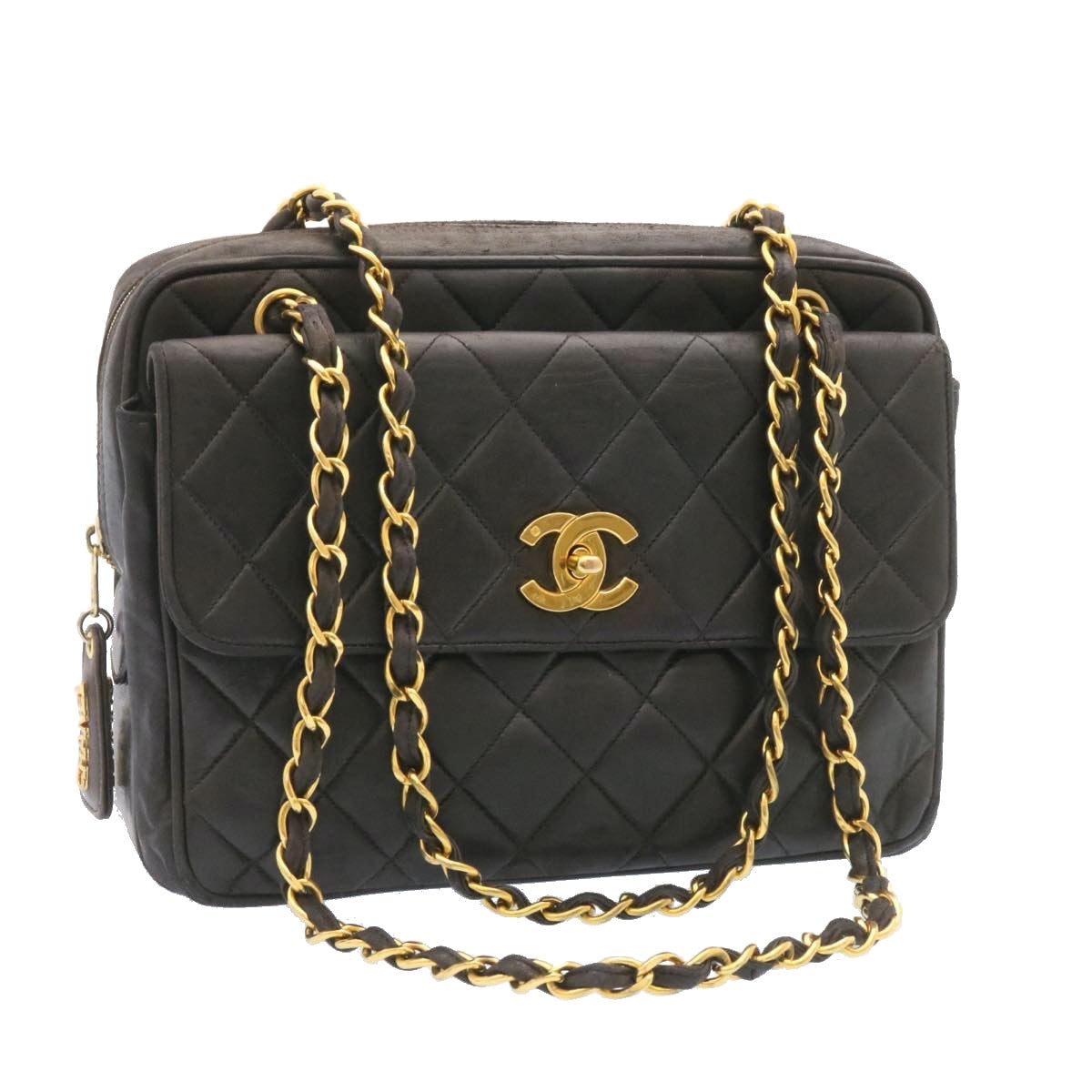 Luxury Chanel Lamb Skin Matelasse Chain Shoulder Bag Black Gold CC  26128A