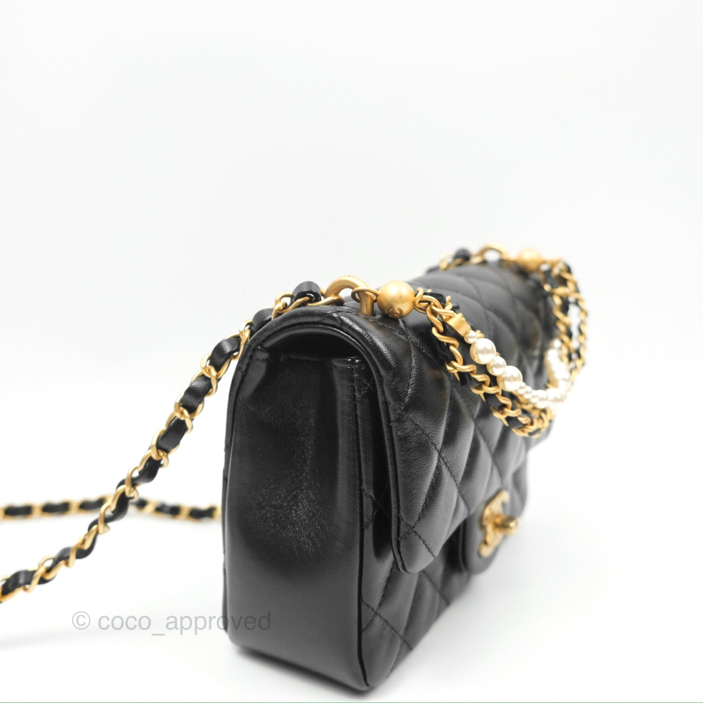 Chanel Mini Flap Bag with Pearl Chain Black Shiny Lambskin Aged Gold Hardware 24P
