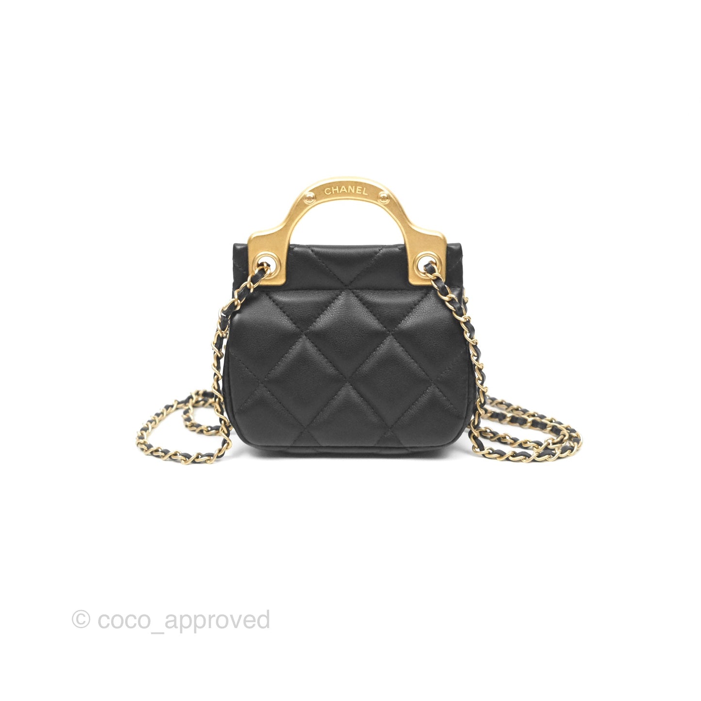 Chanel Lady Handle Flap Card Holder With Chain Black Calfskin Gold Hardware