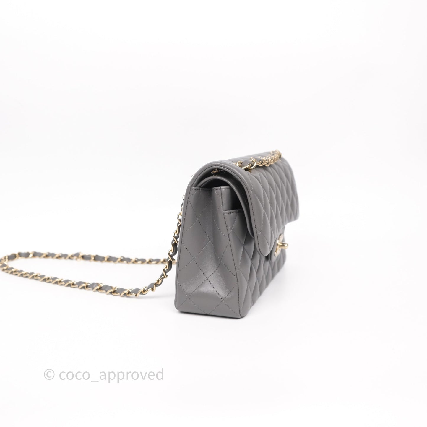 Chanel Small Quilted Classic Flap Grey Lambskin Light Gold Hardware