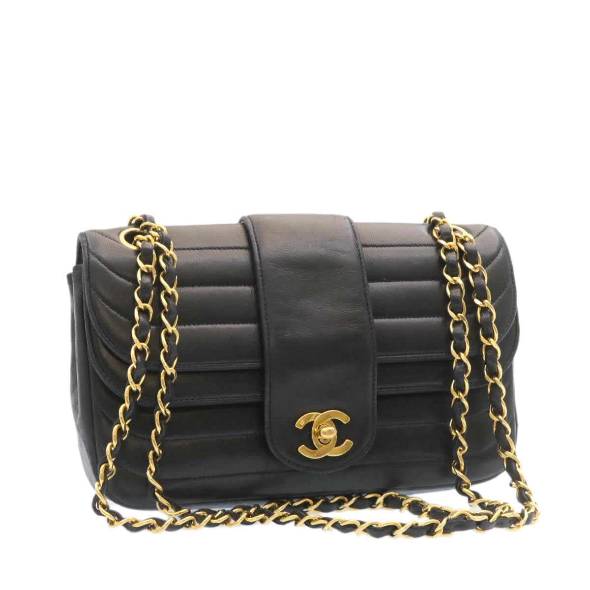 CHANEL Lamb Skin Double Flap Chain Shoulder Bag Black CC  26207A