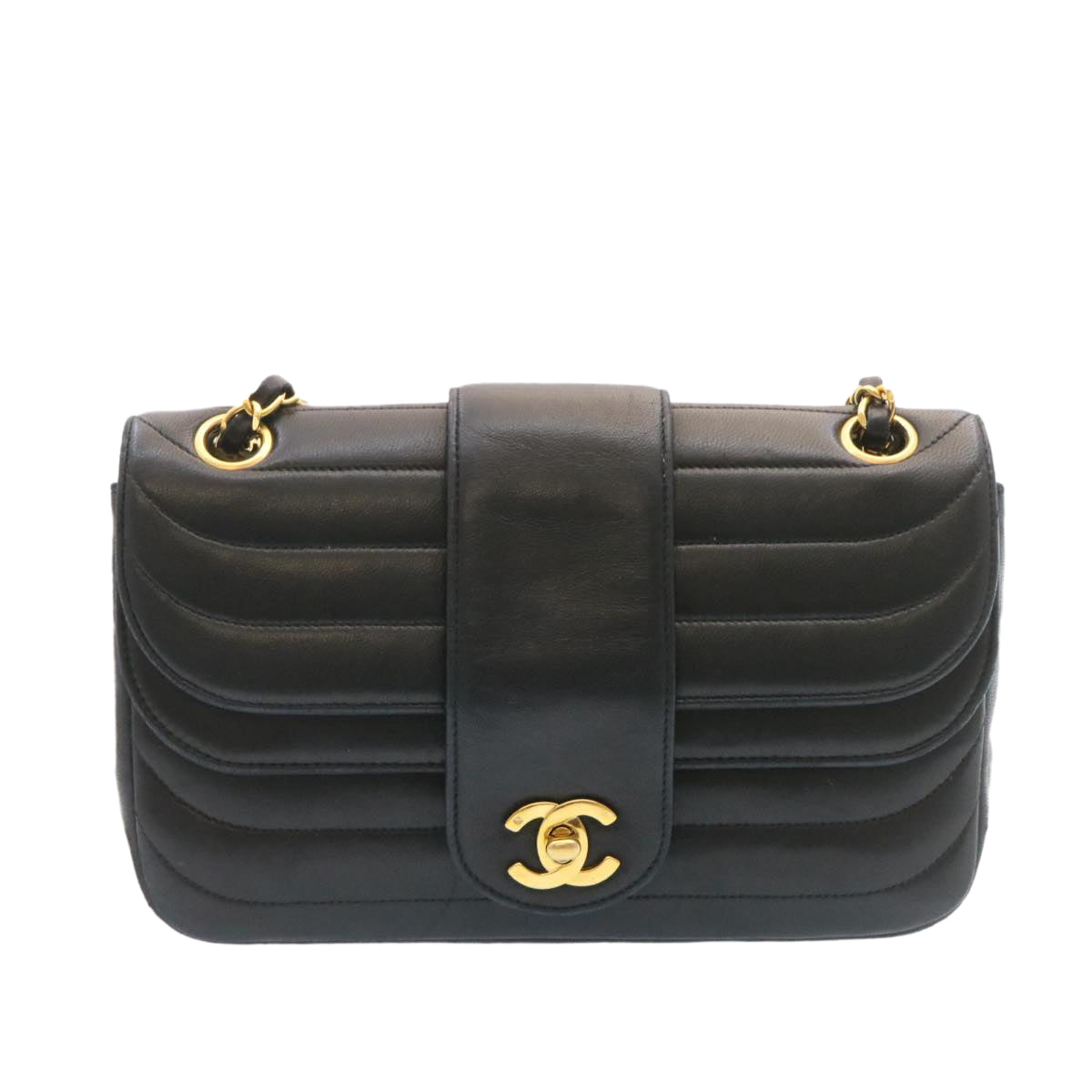 CHANEL Lamb Skin Double Flap Chain Shoulder Bag Black CC  26207A