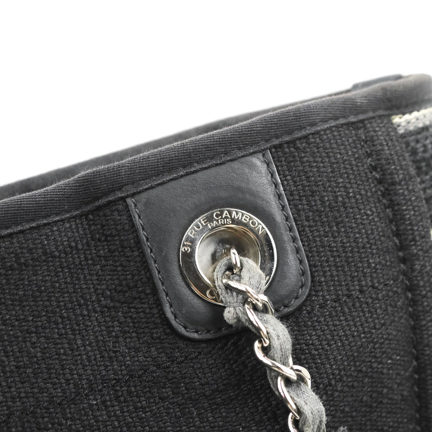 Chanel Mini Deauville Tote Black Stripe Canvas Silver Hardware