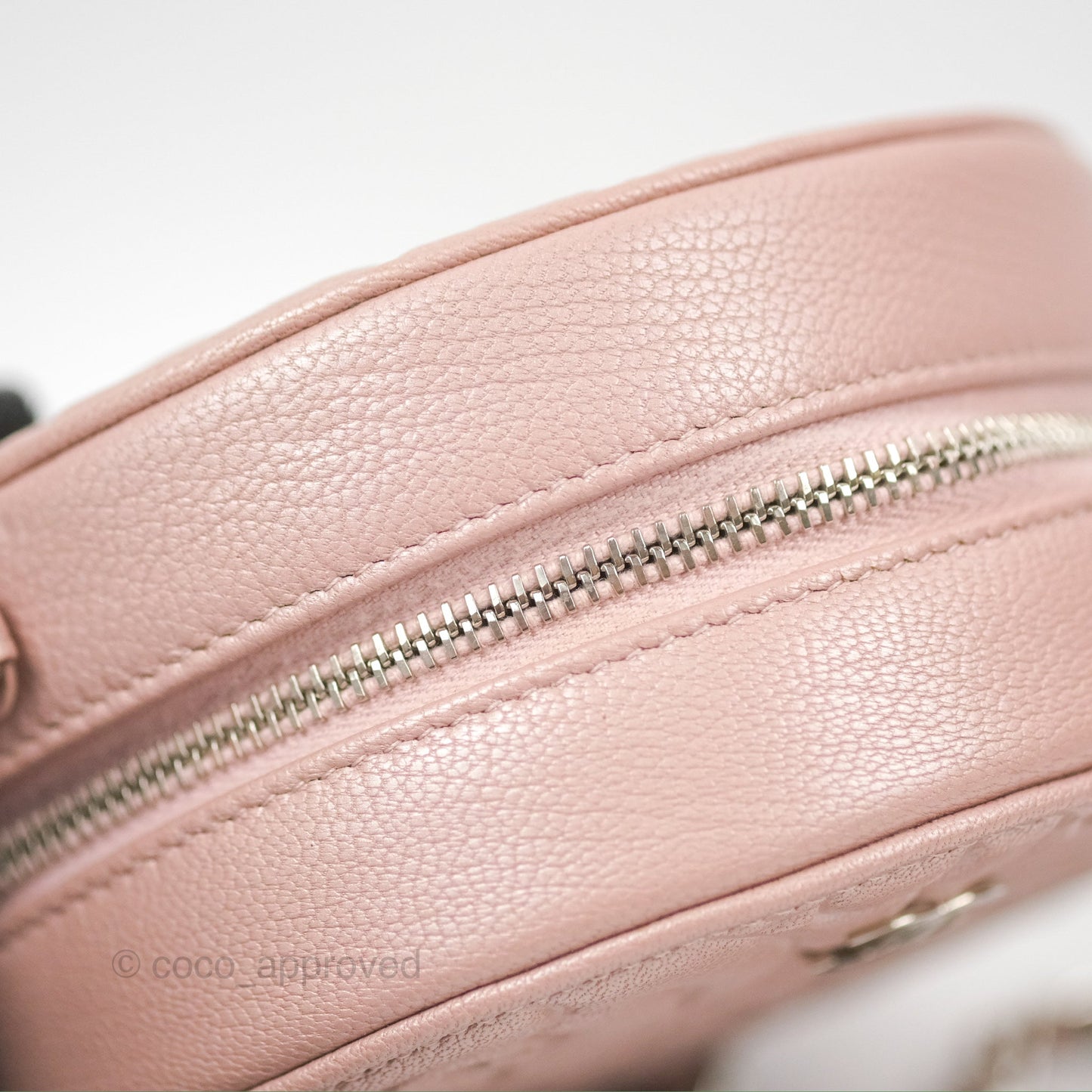 Chanel Camellia Embossed Round Clutch With Chain Iridescent Light Pink Goatskin Silver Hardware