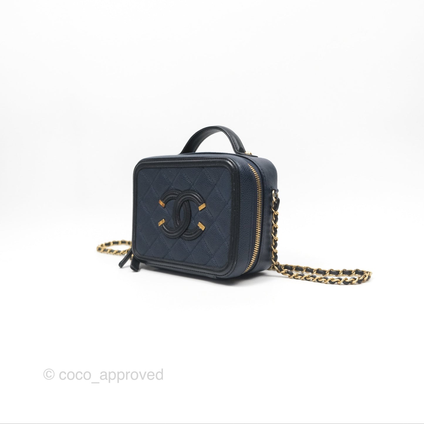 Chanel Quilted Small CC Filigree Vanity Case Navy Black Caviar Gold Hardware