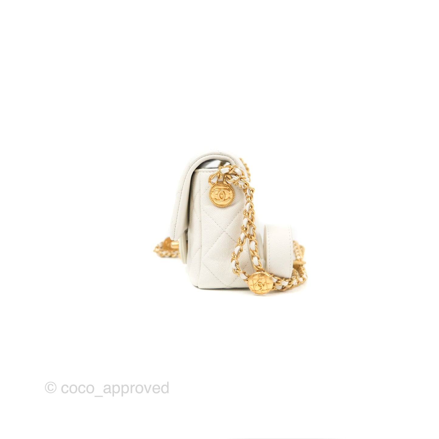Chanel Mini Flap with Coin Charm White Caviar Aged Gold Hardware 22A