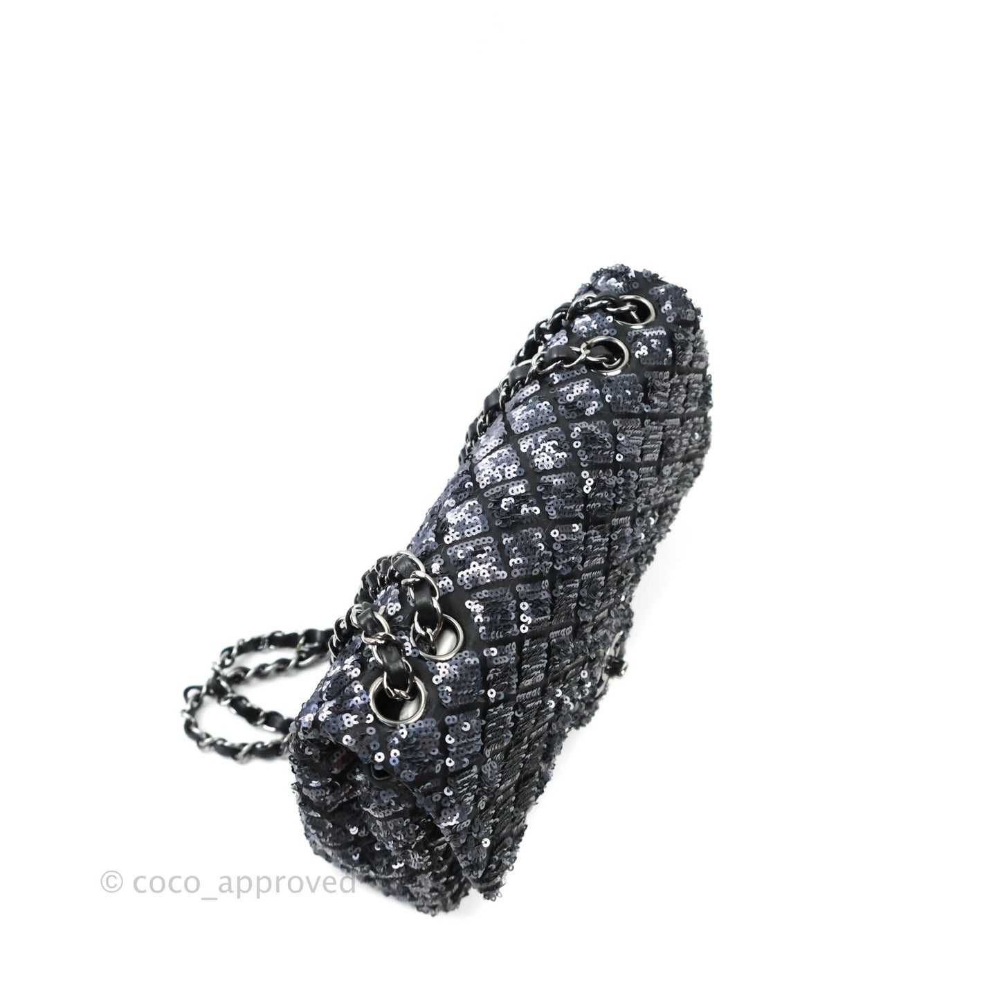 Chanel Quilted Medium Satin Sequin Single Flap Navy Black Gun Metal