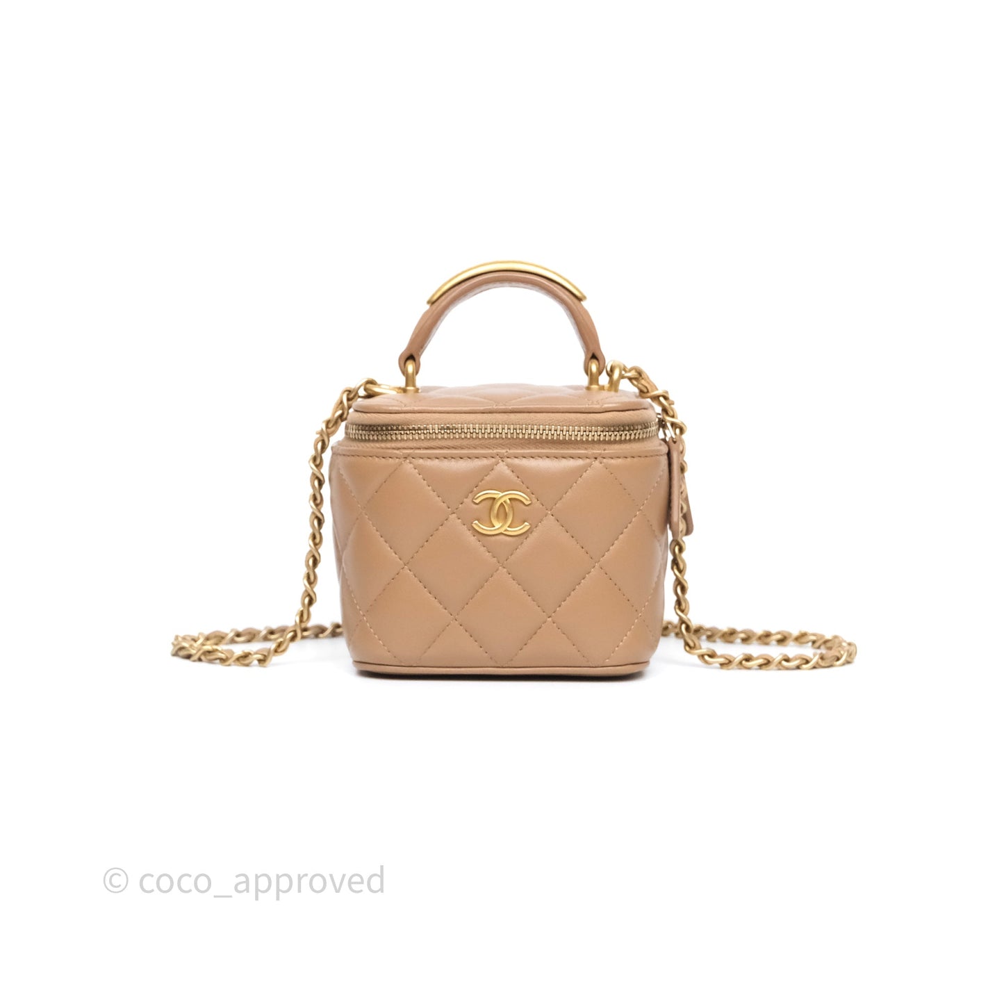 Chanel Mini Metal Top Handle Vanity With Chain Dark Beige Lambskin Aged Gold Hardware