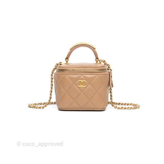 Chanel Mini Metal Top Handle Vanity With Chain Dark Beige Lambskin Aged Gold Hardware