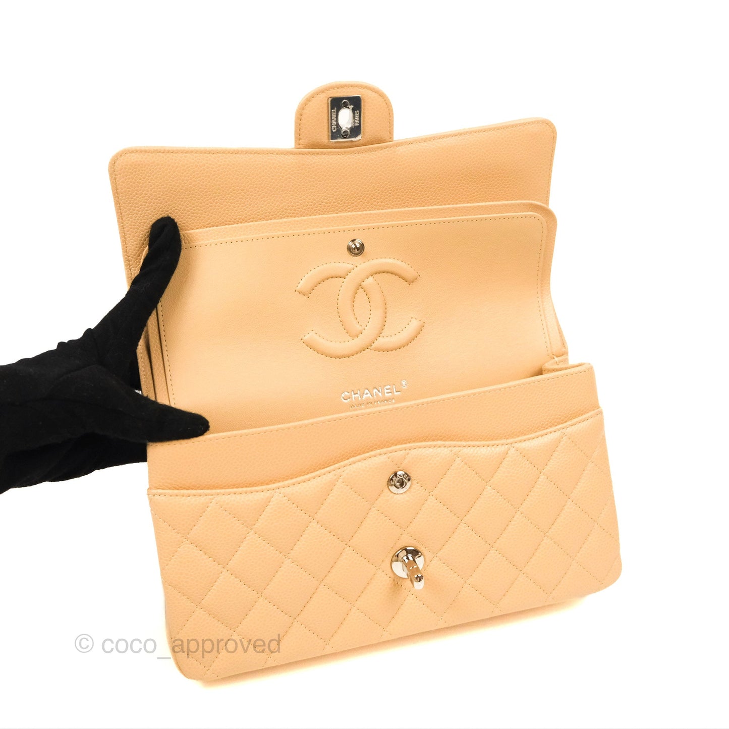 Chanel Classic M/L Medium Flap Quilted Beige Caviar Silver Hardware