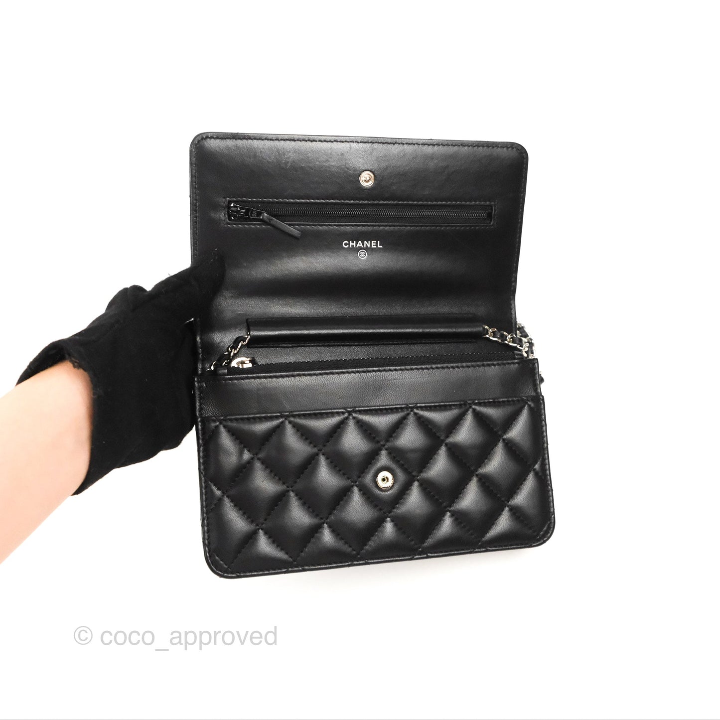 Chanel Classic Quilted Wallet On Chain WOC Black Lambskin Silver Hardware
