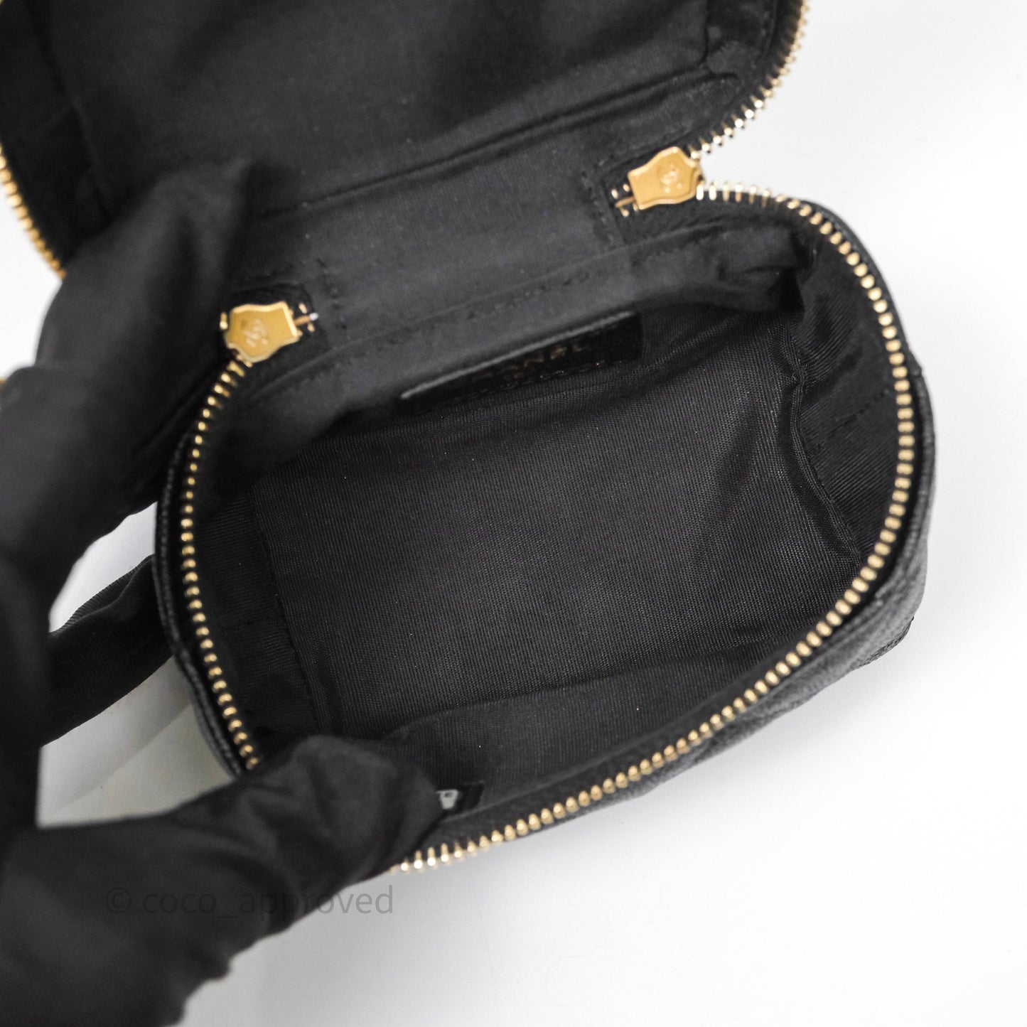 Chanel Quilted Mini Top Handle Vanity With Chain Black Caviar Aged Gold Hardware