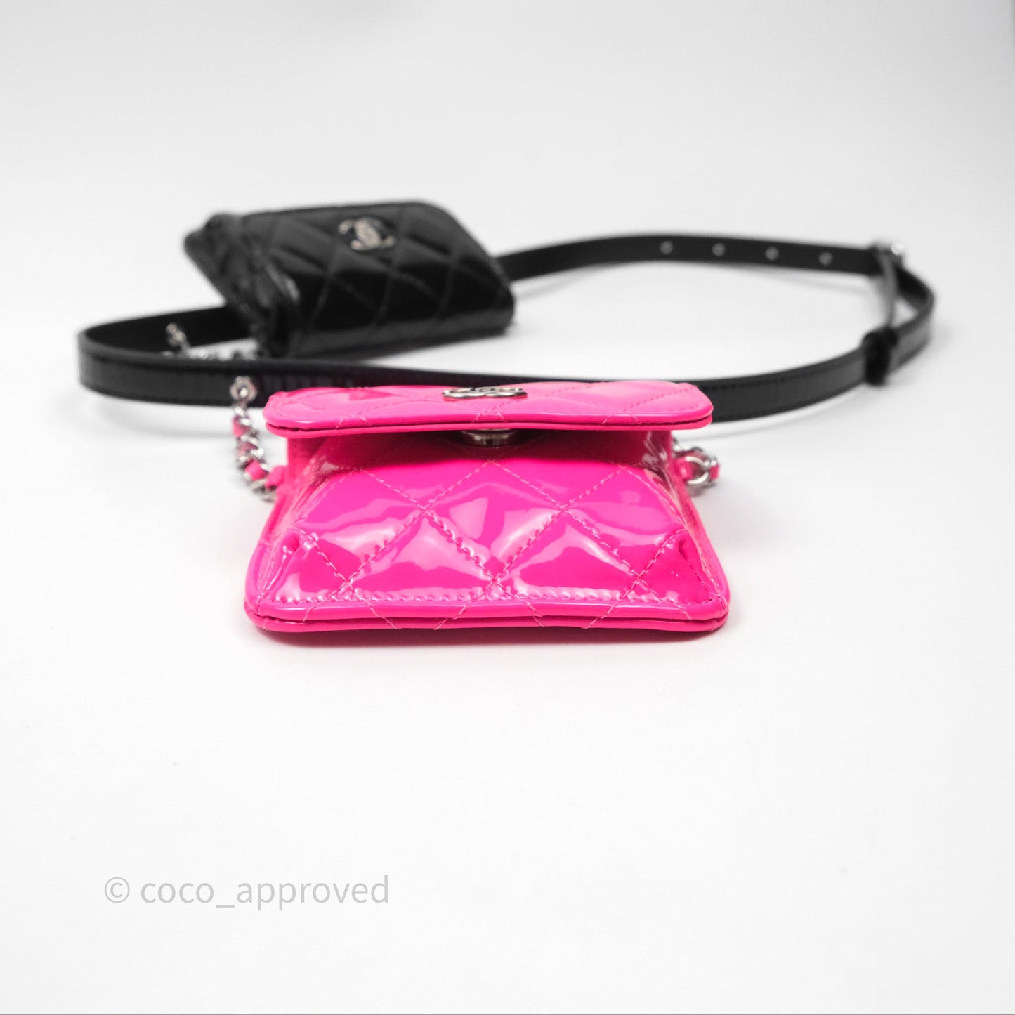 Chanel Double Waist Belt Bag Patent Pink / Black Silver Hardware