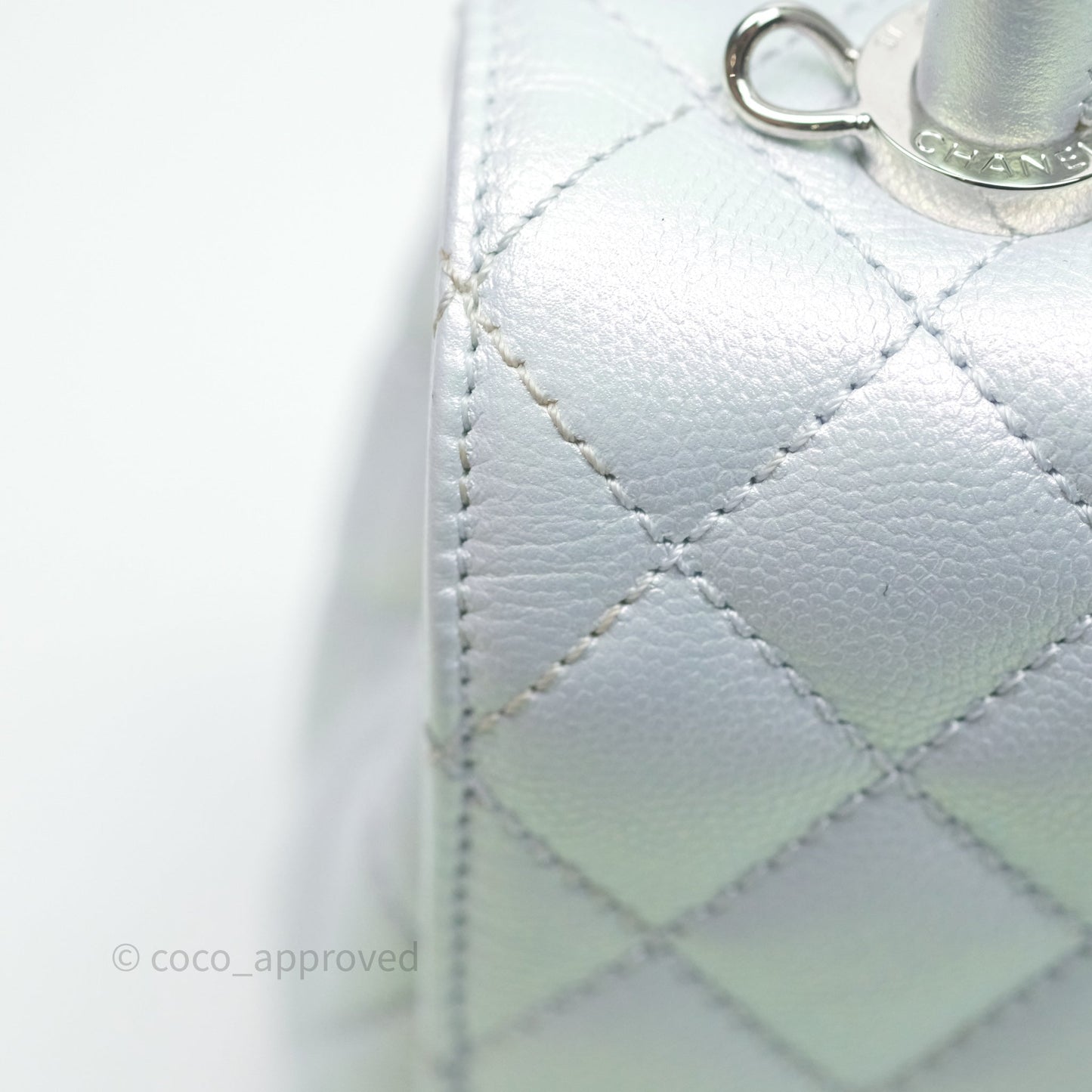 Chanel Mini Coco Handle Quilted Iridescent Light Blue Caviar Rainbow Hardware