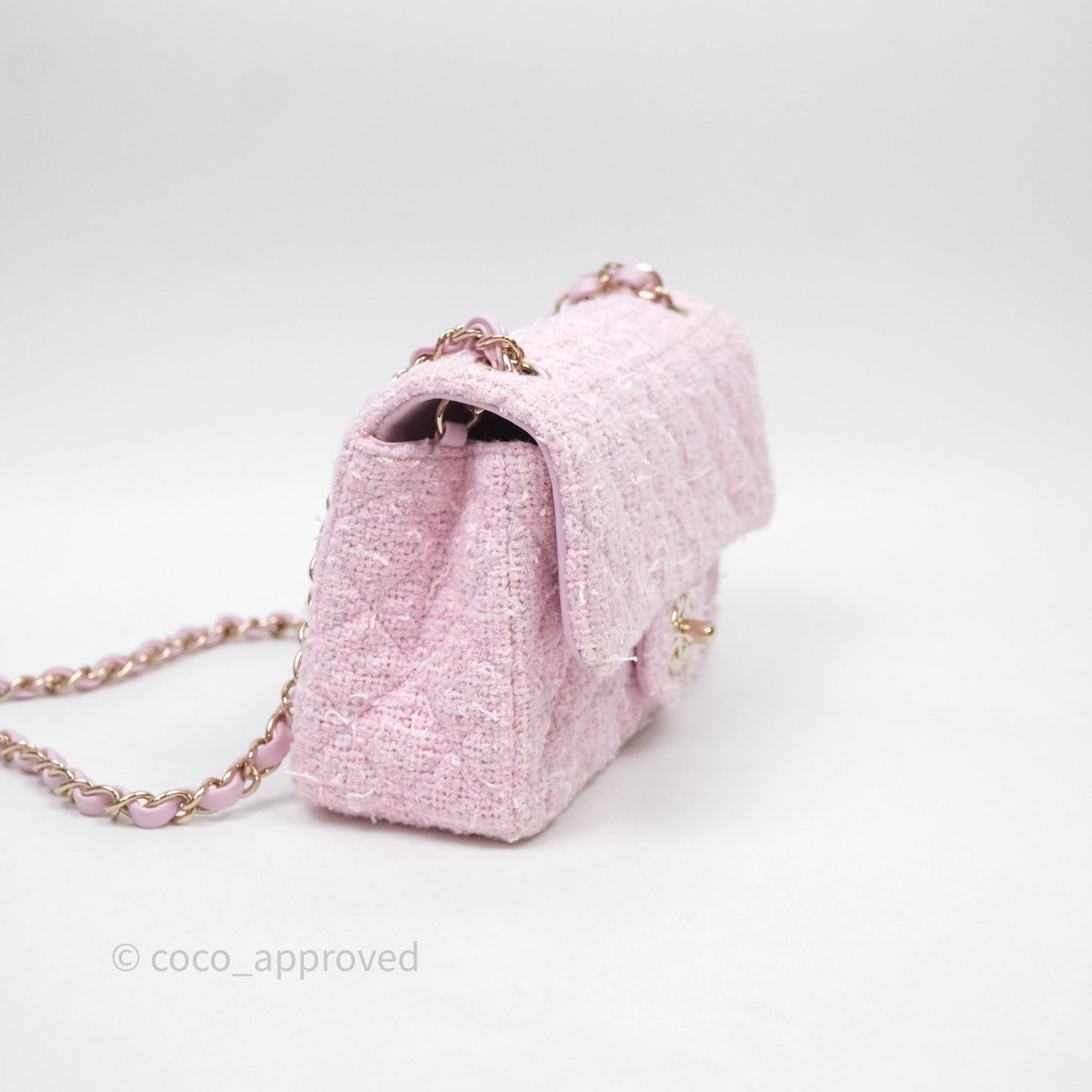 Chanel Classic Mini Rectangular Flap Pink Tweed Gold Hardware