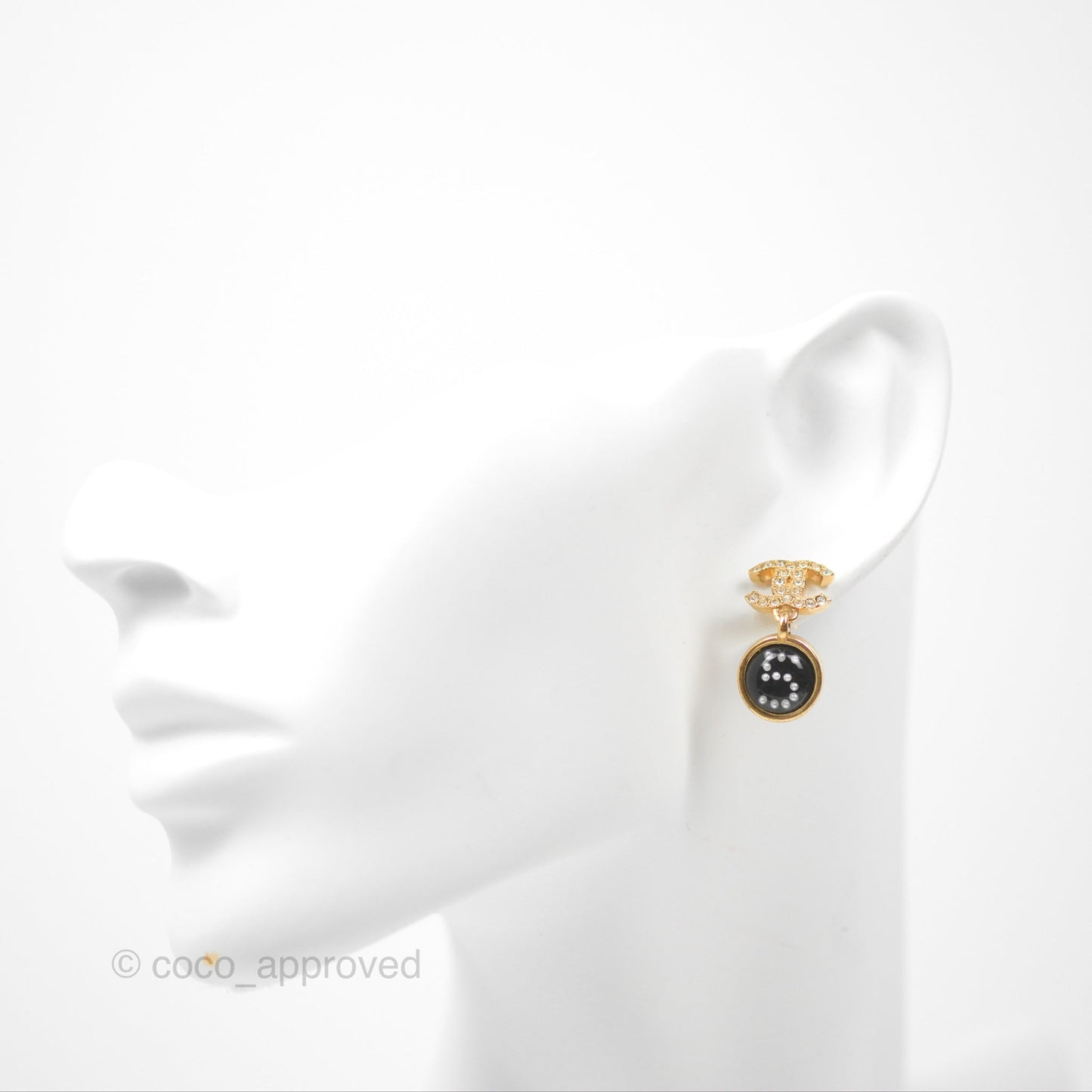 Chanel Crystal CC Camellia No.5 Drop Earrings Gold Tone 20B