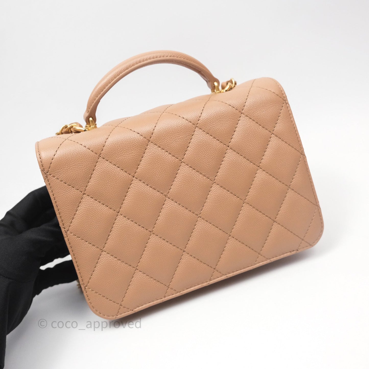 Chanel Quilted Accordion Flap Bag with Handle Beige Caviar Aged Gold Hardware 23B