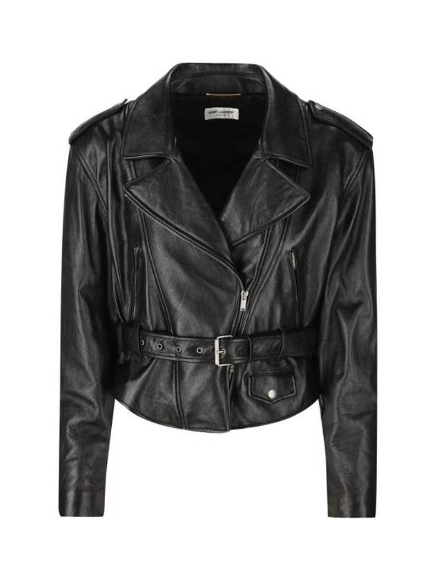 Luxury Saint Laurent Crop Lambskin Biker Jacket Black
