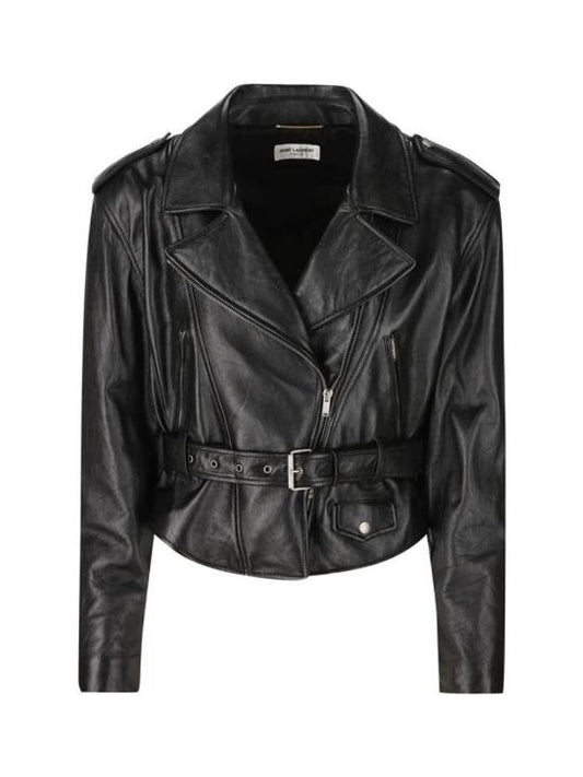 Luxury Saint Laurent Crop Lambskin Biker Jacket Black