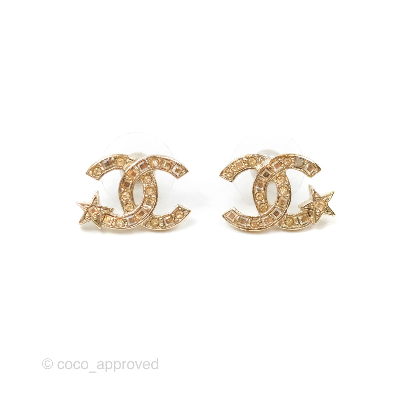 Chanel Crystal CC Star Earrings Gold Tone 21S