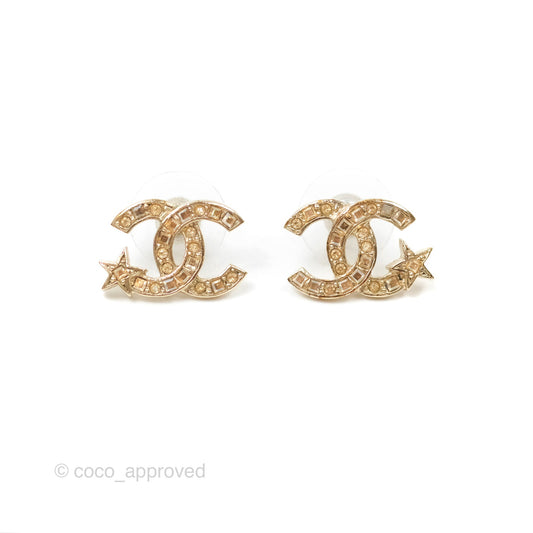 Chanel Crystal CC Star Earrings Gold Tone 21S