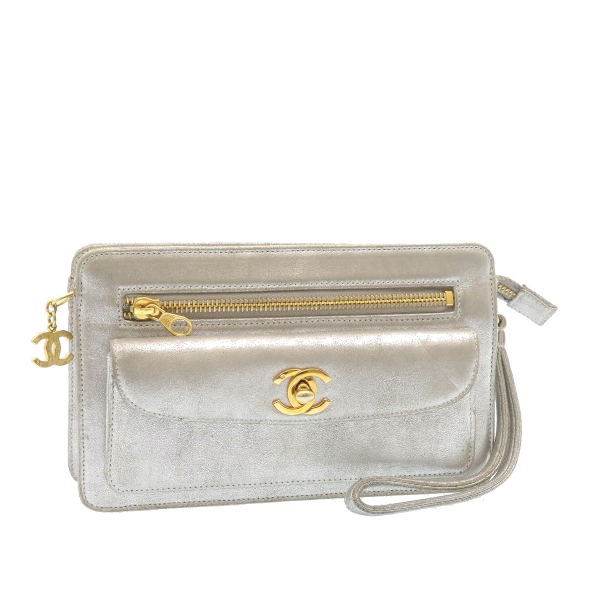 Luxury Chanel Clutch Bag Leather Silver CC  26857