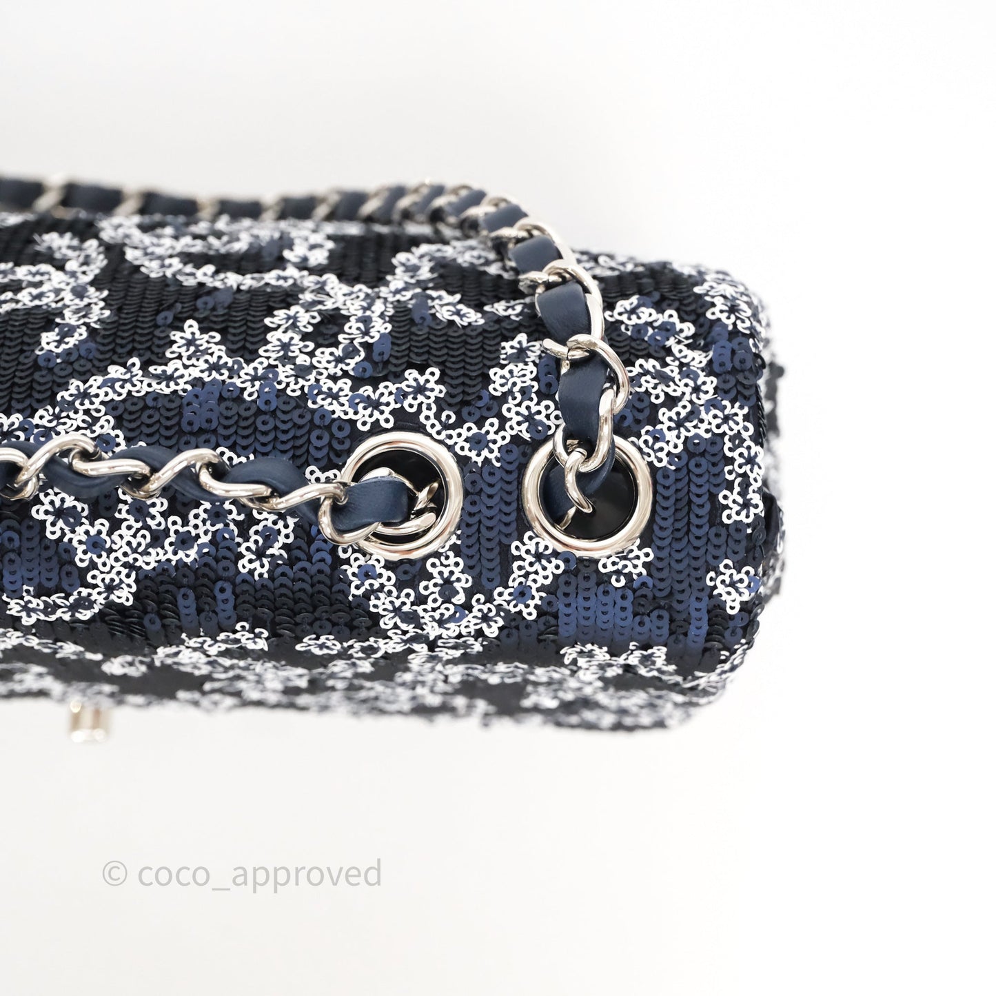 Chanel Medium CC Sequins Flap Bag White/ Navy Silver Hardware 19P