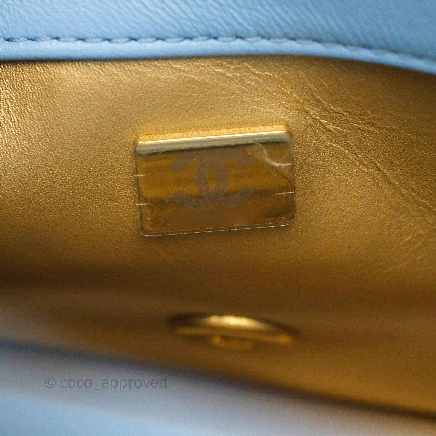 Chanel Mini Rectangular Pearl Crush Quilted Sky Blue Lambskin Aged Gold Hardware
